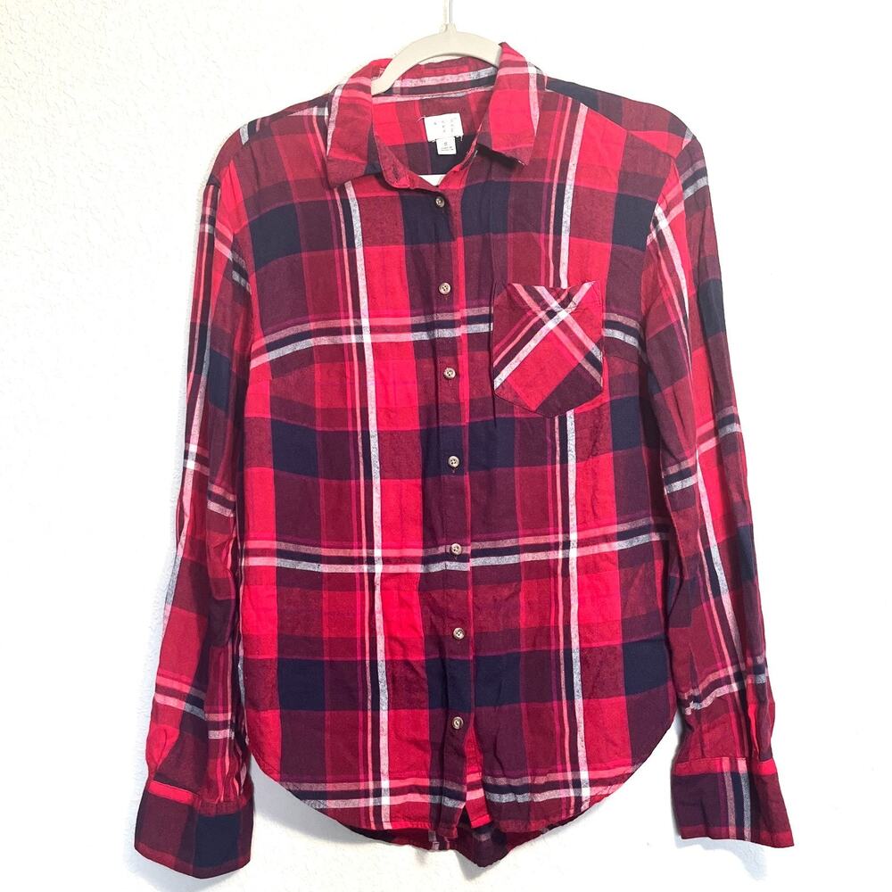 A NEW DAY Red Plaid Flannel Button Up Shirt Womens Small Autumn Americana Cabin